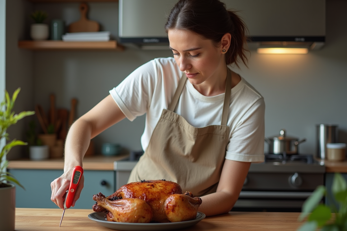 Femme en tablier utilisant un thermometre pour viande en cuisine