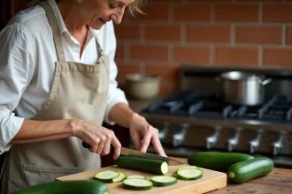 Femme coupant des courgettes fraîches sur une planche en bois dans une cuisine familiale, avec une casserole d'eau sur le feu en arrière-plan