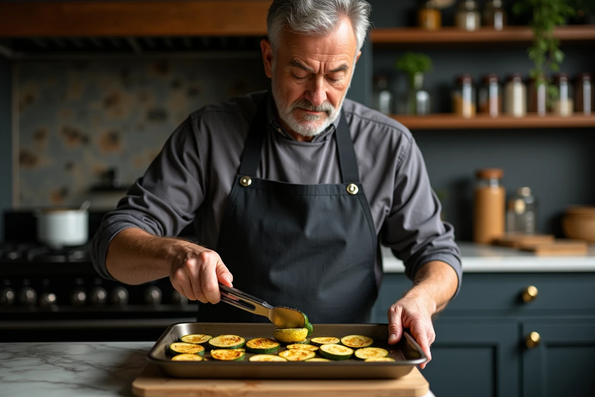 Homme retirant des tranches de courgettes rôties d'une plaque de cuisson sortant du four dans une cuisine à l'ambiance chaleureuse