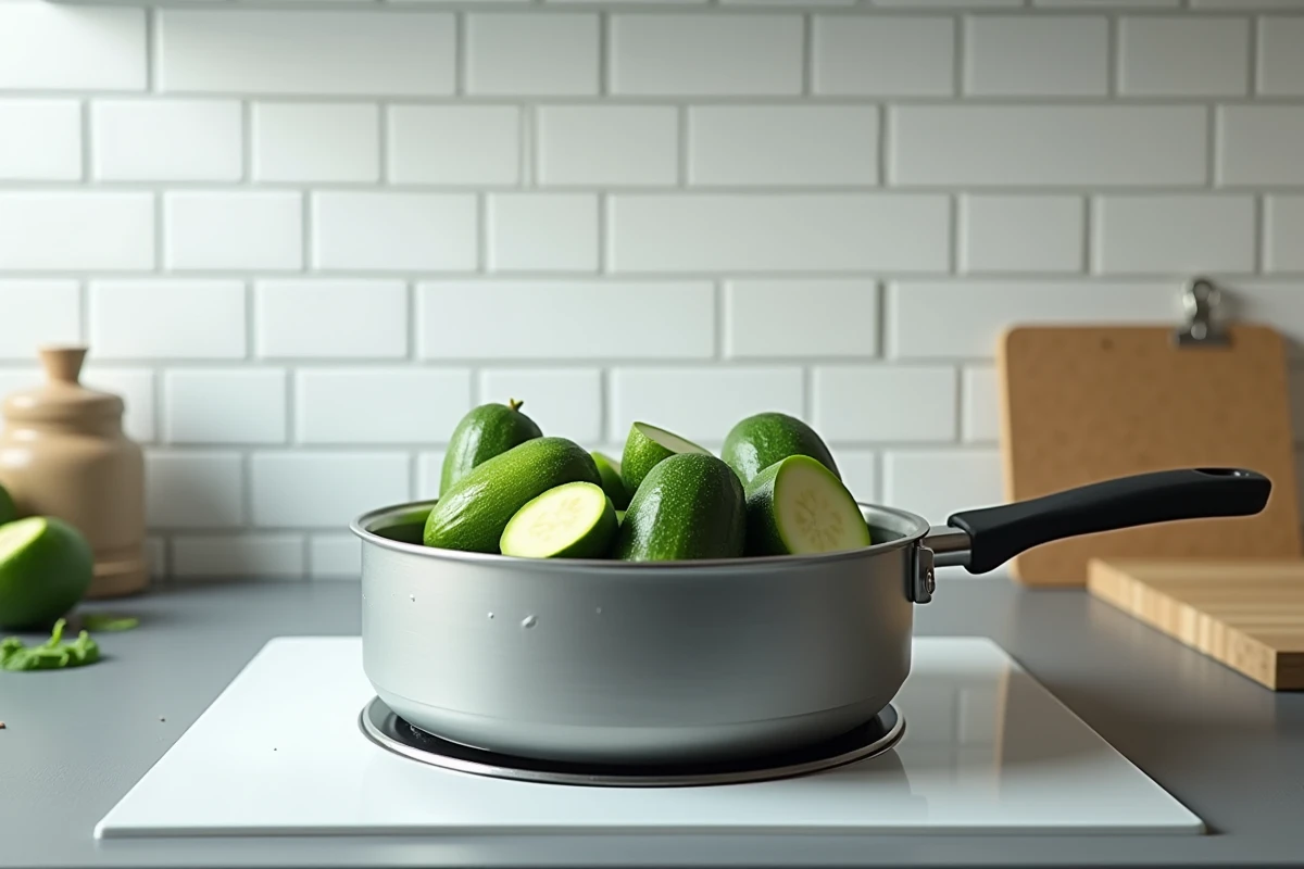 Courgettes en train de cuire à la vapeur dans un panier cuiseur posé sur une plaque à induction, avec un tableau de temps de cuisson affiché au mur