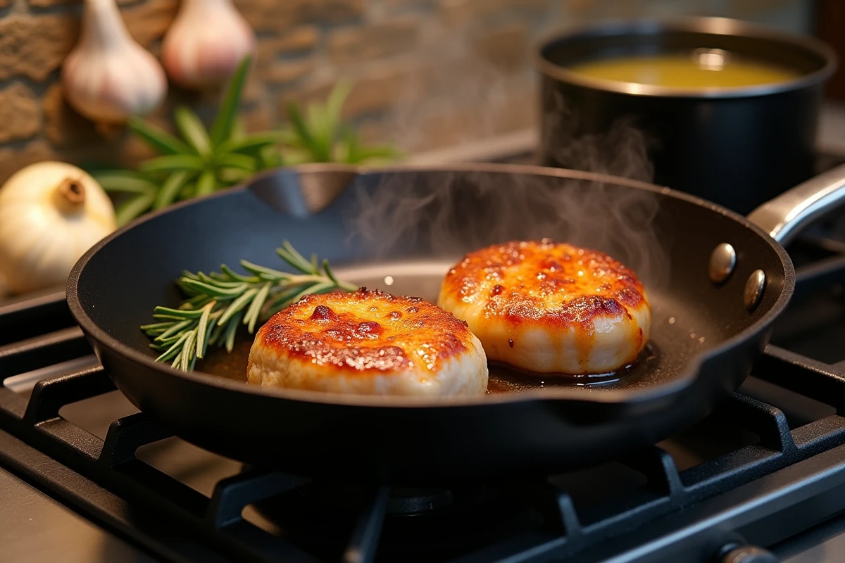 Cr&eacute;pinettes de porc en train de cuire dans une po&ecirc;le en fonte sur un feu de gaz avec vin blanc et herbes aromatiques