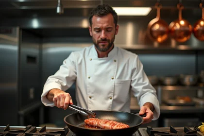 Chef professionnel saisissant un filet mignon de porc dans une poêle en fonte, cuisine professionnelle