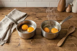 Deux casseroles sur un plan de travail en bois, l'une avec des œufs dans l'eau froide, l'autre dans l'eau chaude, pour comparer les méthodes de cuisson des œufs durs