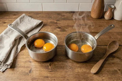 Deux casseroles sur un plan de travail en bois, l'une avec des œufs dans l'eau froide, l'autre dans l'eau chaude, pour comparer les méthodes de cuisson des œufs durs