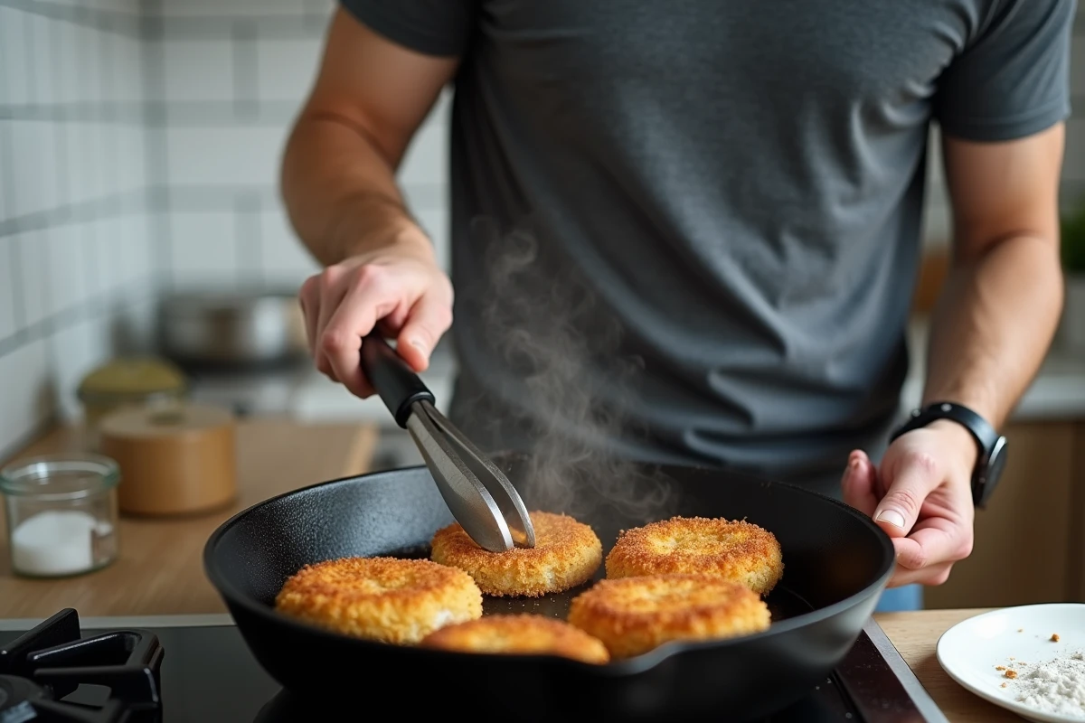 Jeune homme faisant cuire des escalopes de poulet panées dans une poêle en fonte sur une cuisinière à gaz