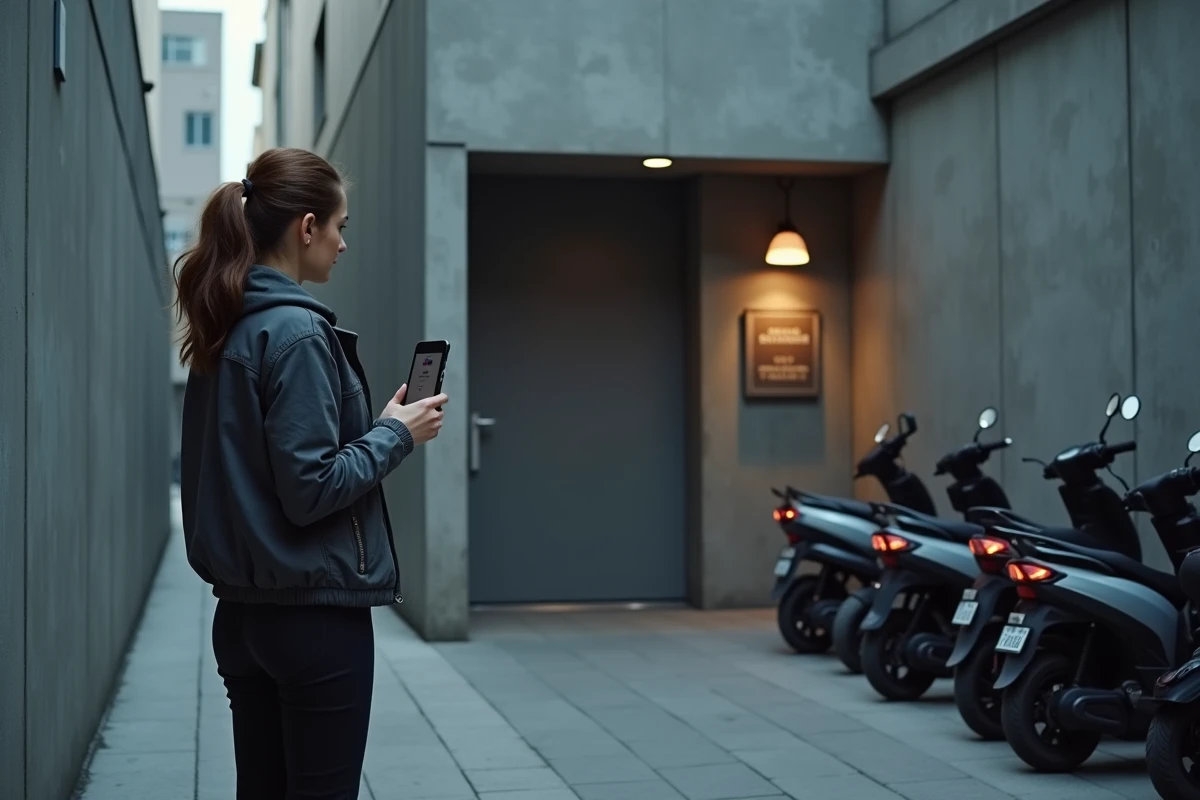 Jeune femme attendant une commande devant une dark kitchen urbaine anonyme, symbolisant la concurrence au modèle mypizzadoor en 2026