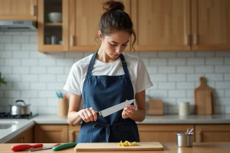 Jeune femme débutante en cuisine tenant un couteau de chef dans une cuisine appartement bien organisée avec ustensiles essentiels sur le plan de travail