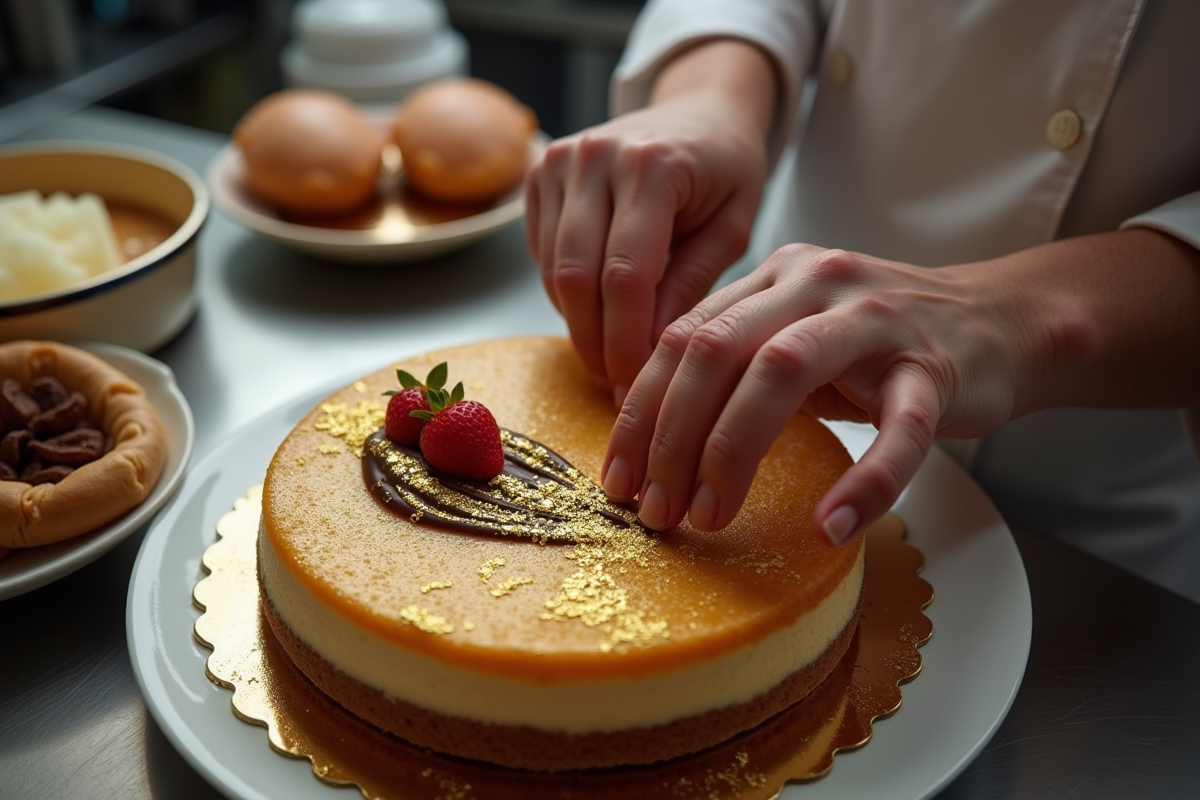 Chef décorant un gâteau opera avec feuille d or et chocolat en cuisine