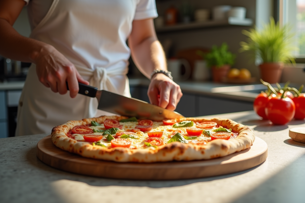Personnes coupant une pizza maison croustillante avec fromage fondant