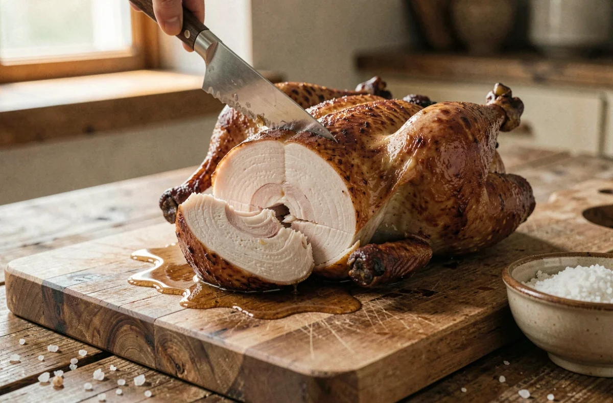 Découpe d'un poulet rôti juteux sur planche en bois avec jus de cuisson naturel