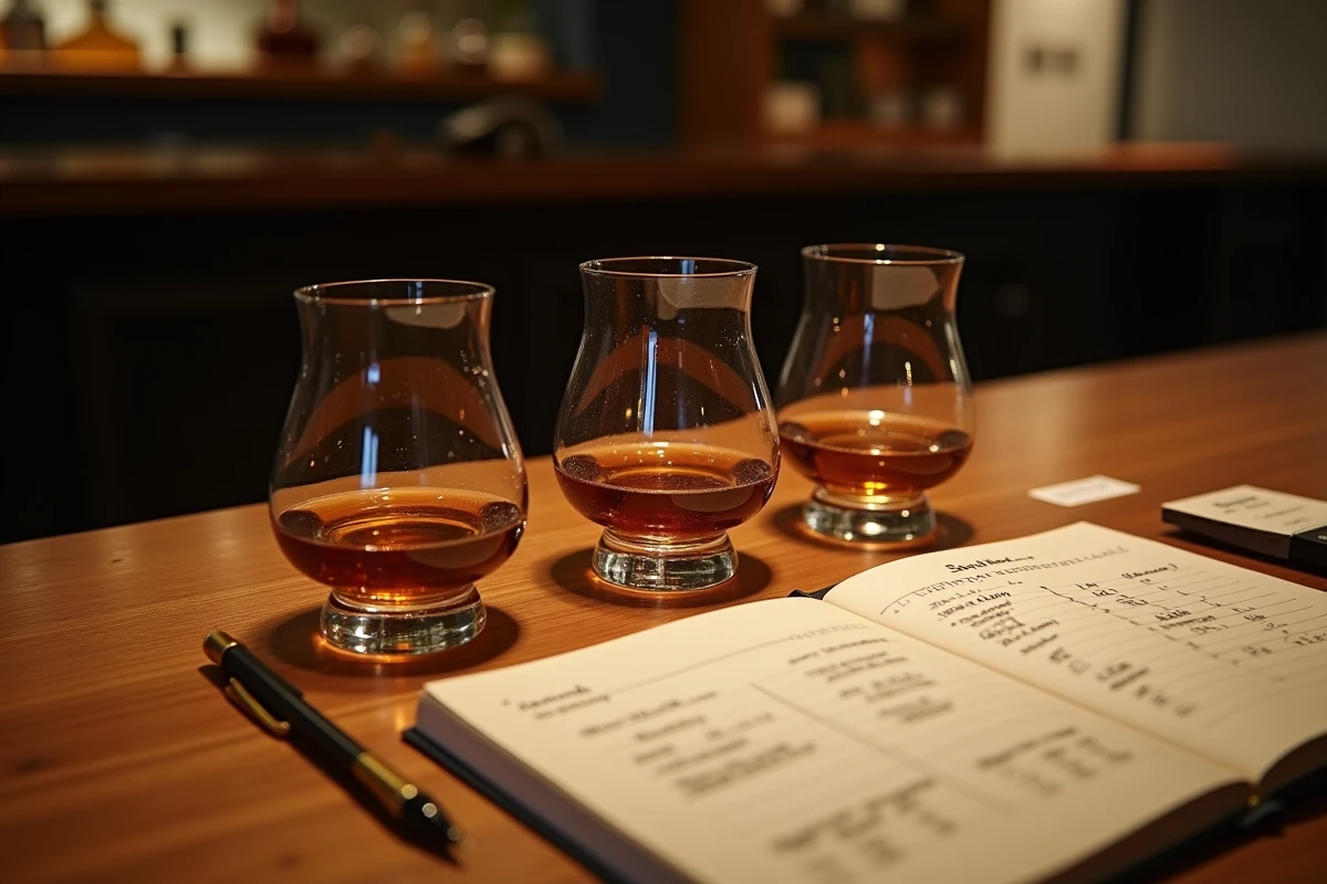 Dégustation comparative de trois whiskies japonais avec notes et comparatif de prix sur table en bois