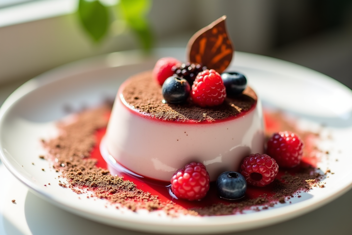Mousse de litchi décorée de fruits rouges et chocolat fin