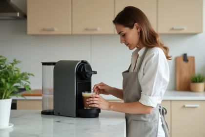 Femme versant une solution détartrante dans une machine Nespresso Magimix sur un plan de travail en marbre blanc