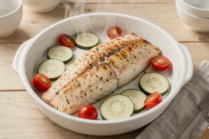 Dos de cabillaud au four sur un plat en céramique blanche avec courgettes et tomates cerises, recette douce pour enfants
