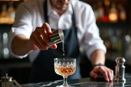 Barman versant une dose précise de 6 centilitres avec un jigger en acier inoxydable dans un verre à cocktail en cristal sur un bar en marbre sombre