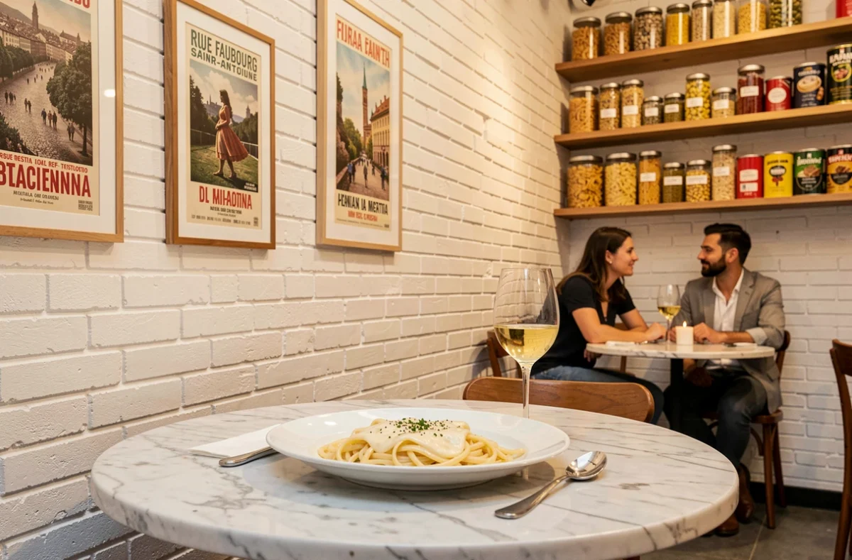 Table dressée avec un cacio e pepe et un verre de vin naturel dans la trattoria moderne East Mamma rue du Faubourg-Saint-Antoine