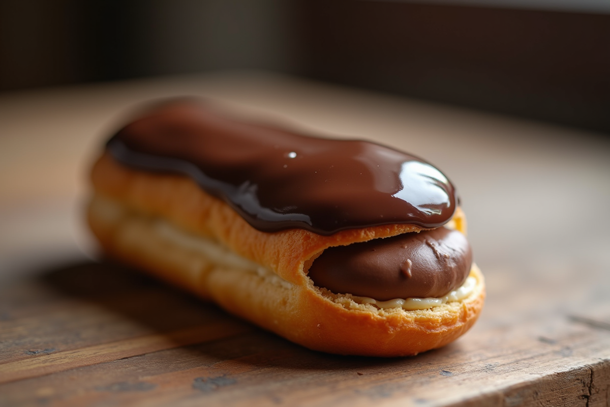 Éclair au chocolat avec crème riche sur table en bois