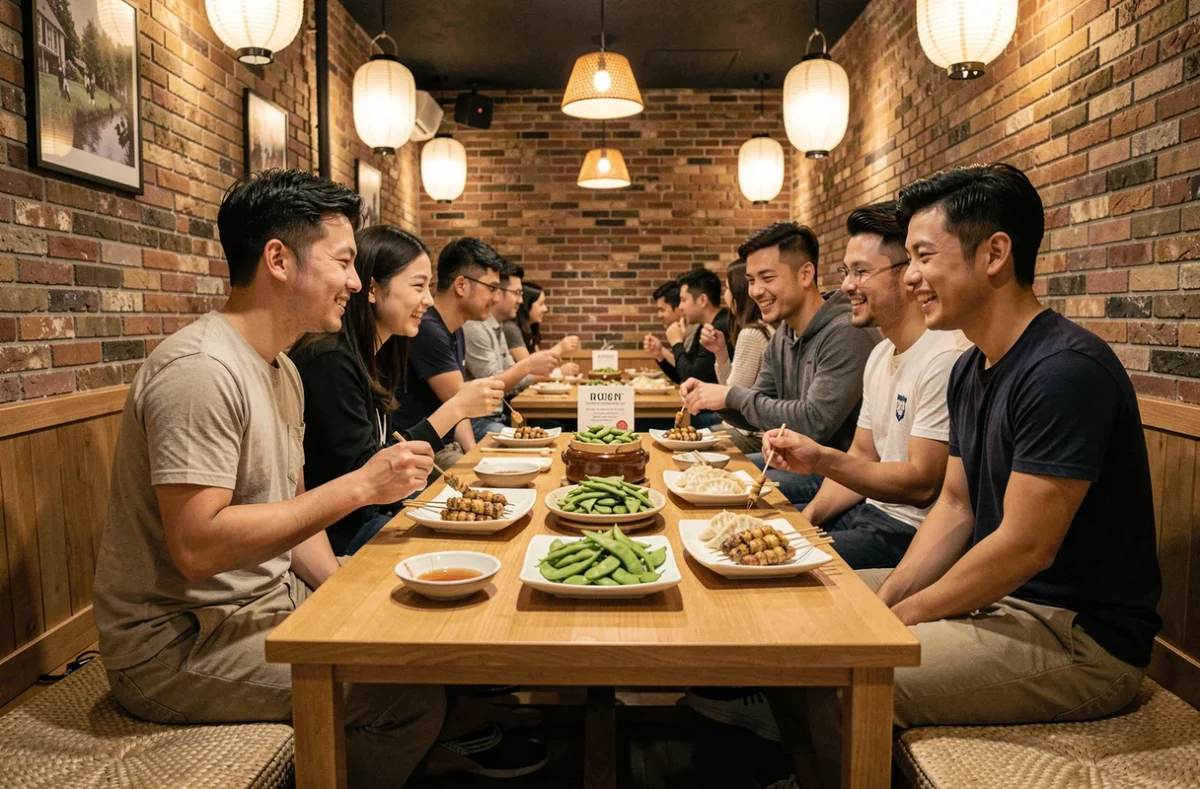 Ambiance conviviale de l'izakaya EDO à Rouen, avec partage de petits plats japonais entre amis