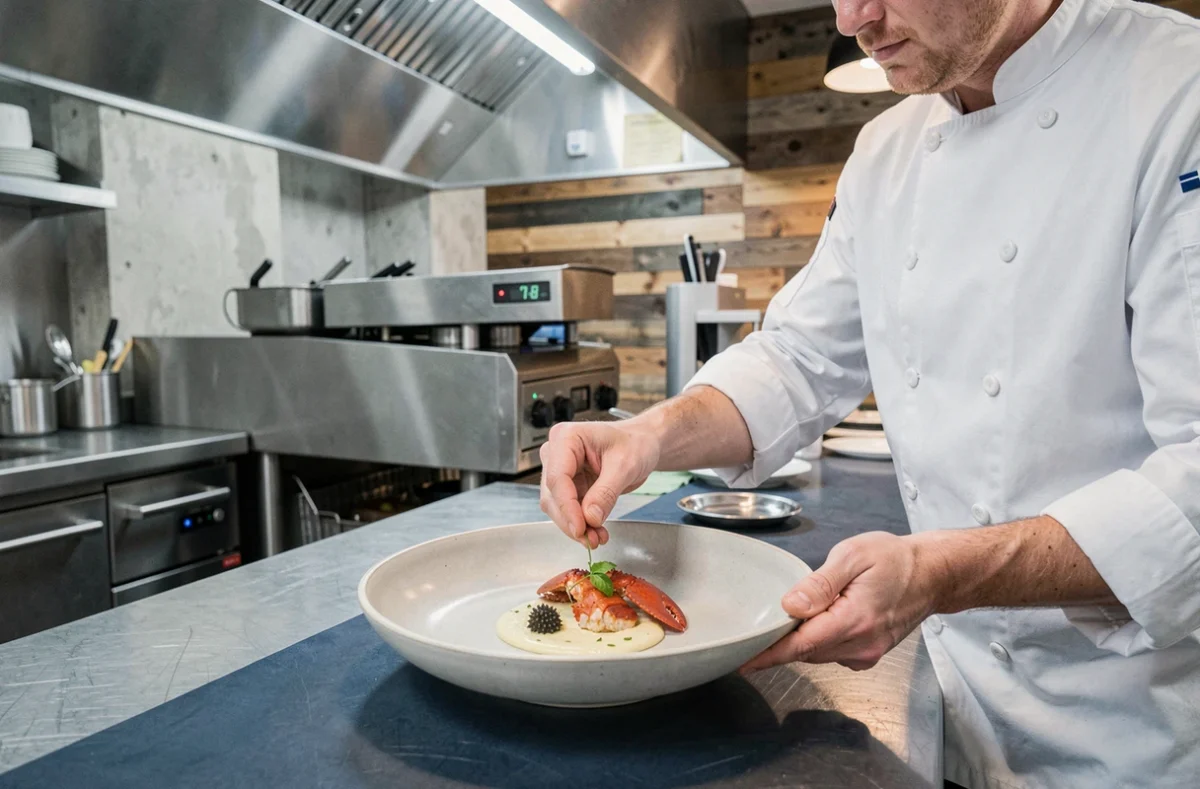 Chef de L'Embrun à Brest dressant une assiette de fruits de mer bretons dans une cuisine ouverte moderne