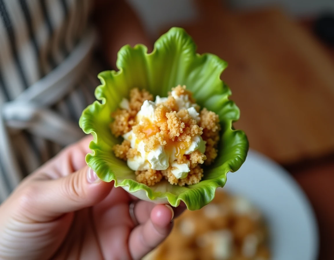 Gros plan d'une endive au chèvre et miel avec une touche croustillante tenue à la main