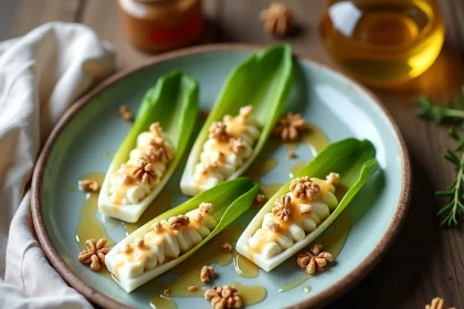 Endives apéro garnies de chèvre frais et miel sur une planche en bois rustique, vue de dessus