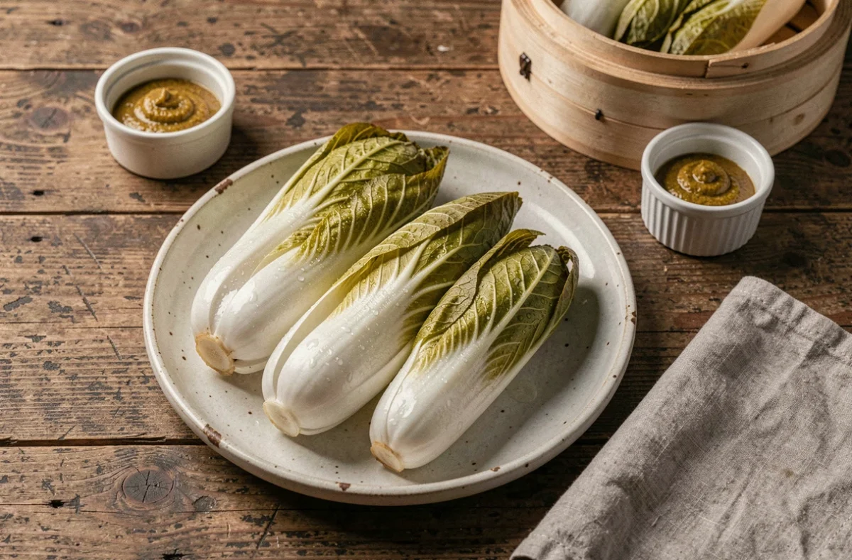 Endives cuites à la vapeur servies sur une assiette en céramique blanche avec une vinaigrette moutardée, cuiseur vapeur en arrière-plan