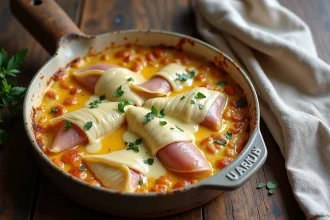 Gratin d'endives au jambon béchamel avec excès d'eau visible dans le plat après cuisson au four