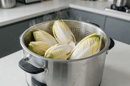 Endives fraîches disposées dans le panier d'un cuiseur vapeur électrique en inox, prêtes à cuire à la vapeur