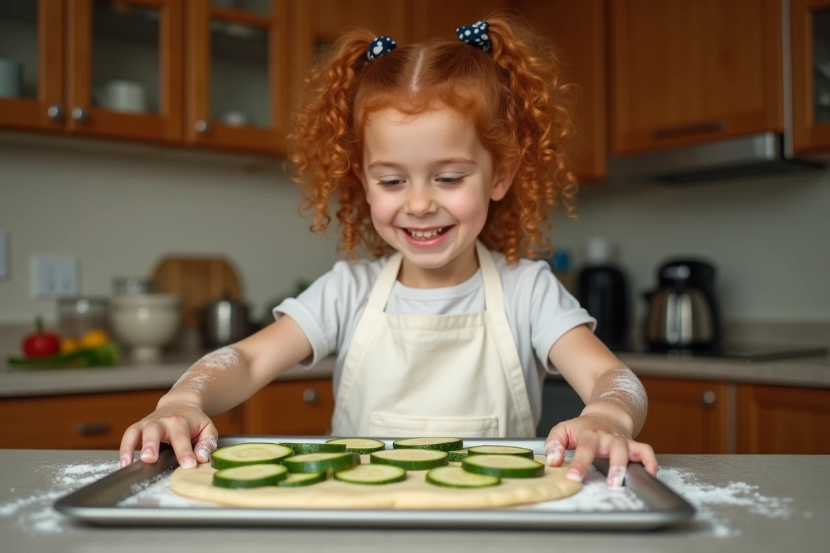 Petite fille aux cheveux bouclés préparant une pizza courgette maison avec tablier blanc dans une cuisine familiale