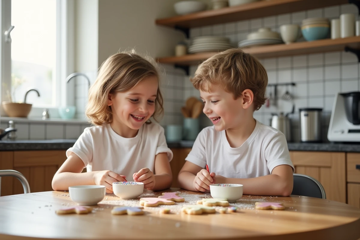 Deux enfants d&eacute;corent des biscuits unicorn avec des paillettes pastel