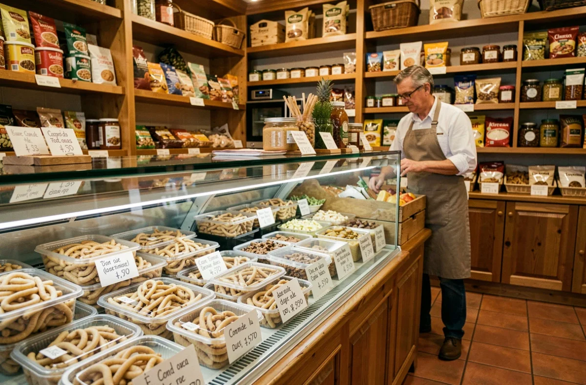 Épicerie fine française vendant des vers de coco en contenants étiquetés dans un comptoir réfrigéré vitré
