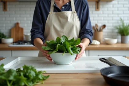 Femme égouttant des épinards frais dans une passoire avant de les intégrer dans une quiche maison