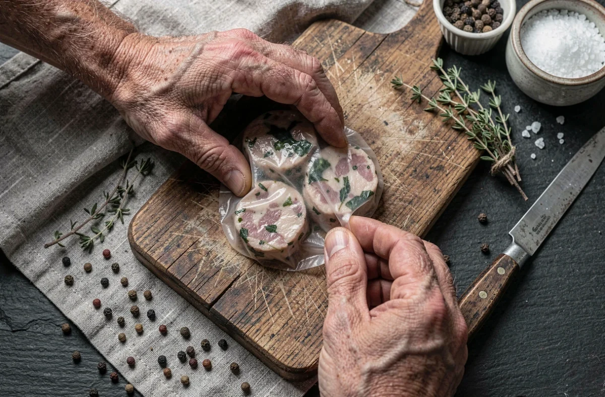 Gros plan sur le façonnage des caillettes ardéchoises enveloppées dans la crépine sur une planche en bois rustique