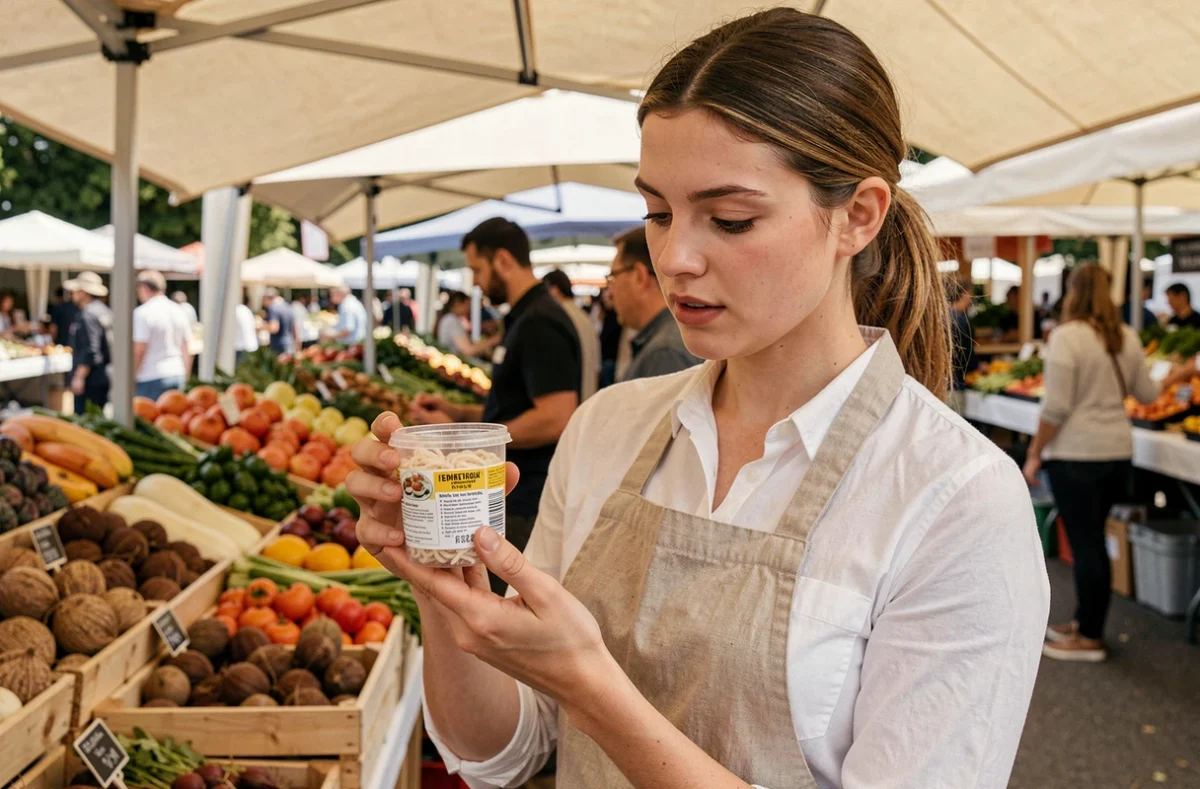 Femme examinant un contenant de vers de coco sur un marché en plein air en France, comparaison qualité produit