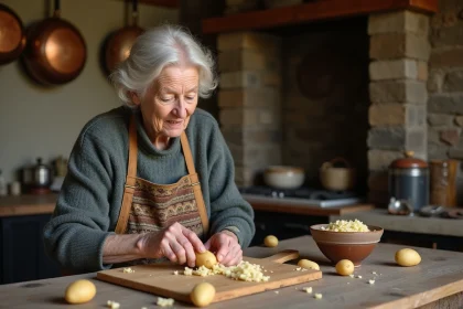 Femme &acirc;g&eacute;e en cuisine rustique peeland des pommes de terre