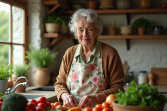 Femme âgée en cuisine rustique avec légumes