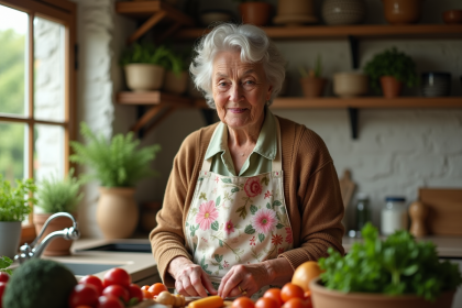 Femme âgée en cuisine rustique avec légumes