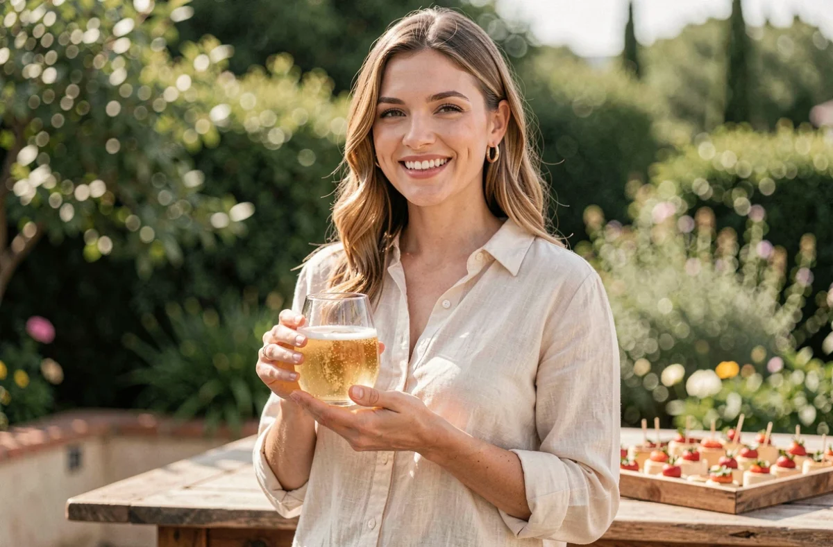 Femme tenant un verre de soupe champagne sans alcool lors d'un apéro chic en terrasse ensoleillée