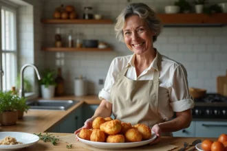 Femme souriante arrangeant des beignets d'aubergine dorés