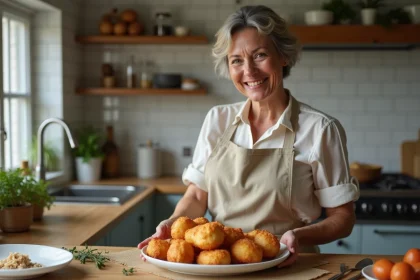 Femme souriante arrangeant des beignets d'aubergine dor&eacute;s