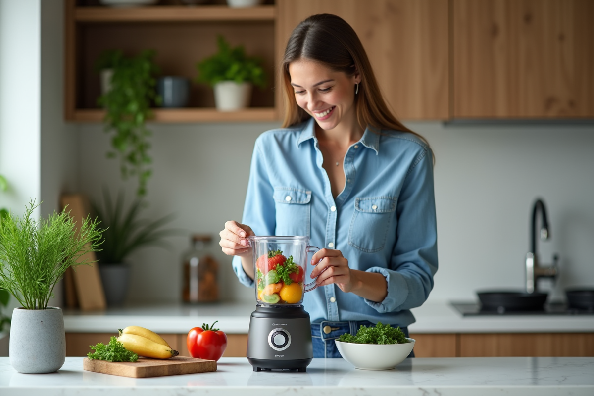 Femme souriante utilisant un blender pour mixer des légumes frais