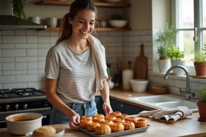 Femme souriante d&eacute;moulant des canel&eacute;s maison dans la cuisine