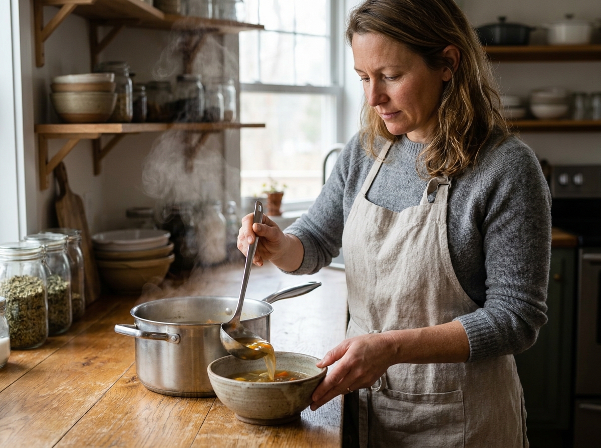 Femme versant un bouillon maison depuis une casserole inox dans un bol en céramique rustique