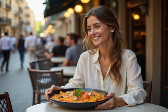 Femme catalane souriante avec paella à Barcelone