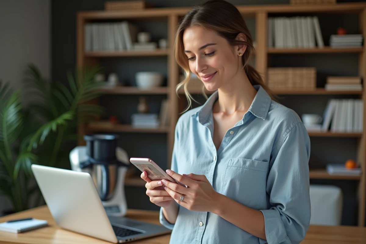 Femme consultant le prix du Thermomix sur son smartphone devant un ordinateur portable, comparaison des offres en ligne et en magasin