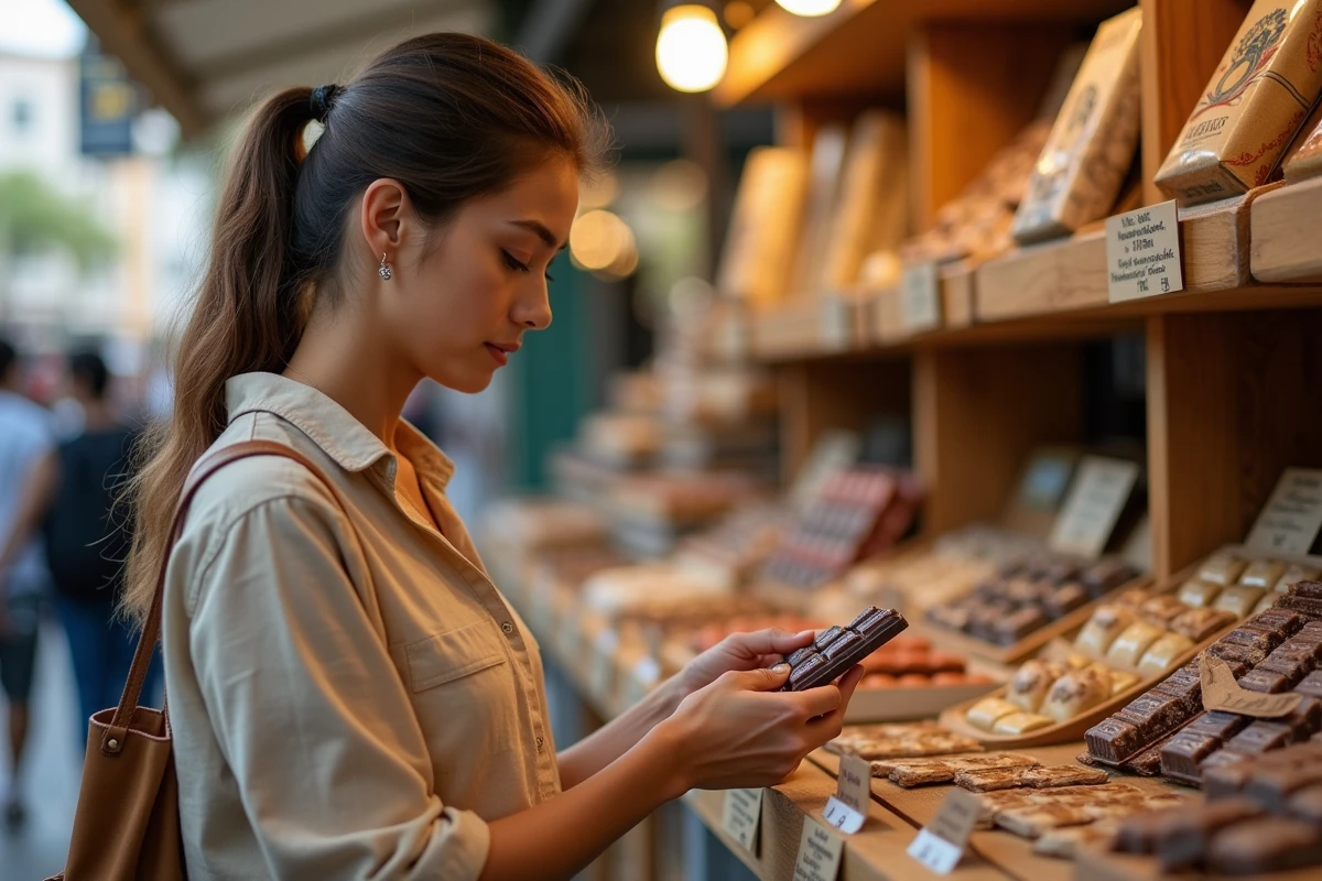 Une femme compare deux tablettes de chocolat Dubaï dans un marché artisanal spécialisé pour distinguer l'original de l'imitation