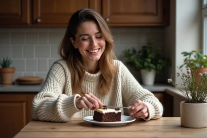 Femme souriante coupe un g&acirc;teau poire yaourt au chocolat