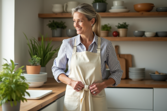 Femme en cuisine portant un tablier en coton avec sourire