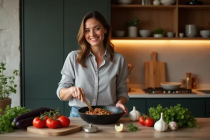 Femme souriante pr&eacute;parant un plat d'aubergines dans la cuisine