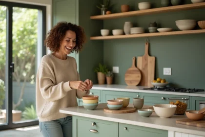Femme souriante arrangeant des bols en céramique colorés dans une cuisine moderne